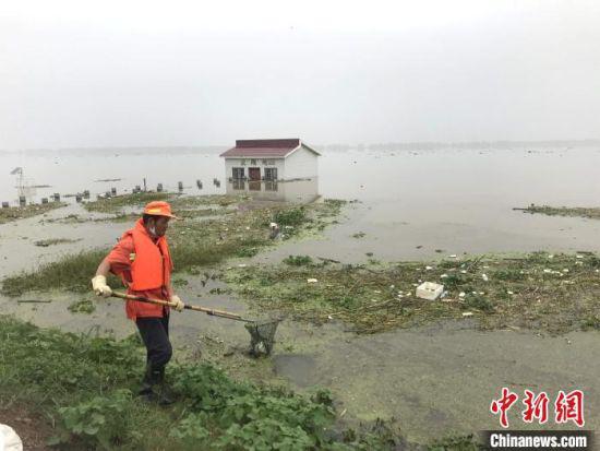 　7月20日，巡防人员在武汉市东西湖区东风垸大堤上清理水上漂浮物 张芹 摄