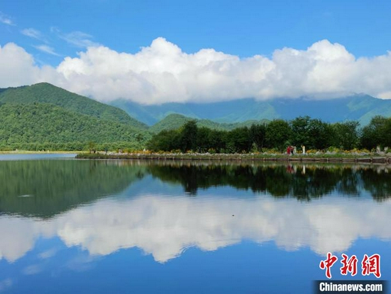 游客沿着菊花盛开的大九湖湖堤散步。(拍摄于7月20日) 大九湖镇政府供图