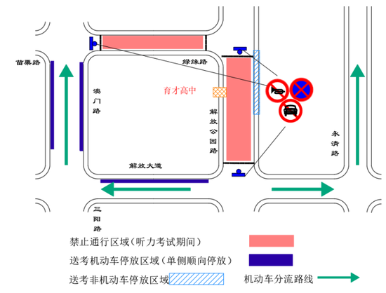 武汉市育才高级中学高考期间周边道路通行及停放临时管控示意图。