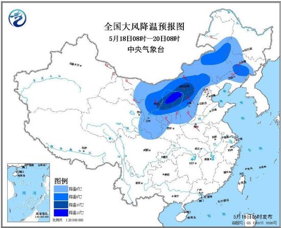 图1全国大风降温预报图（5月18日08时-20日08时）