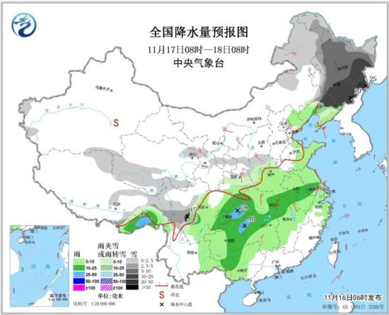 全国降水量预报图（11月17日8时-18日8时）