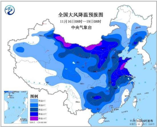 全国大风降温预报图。