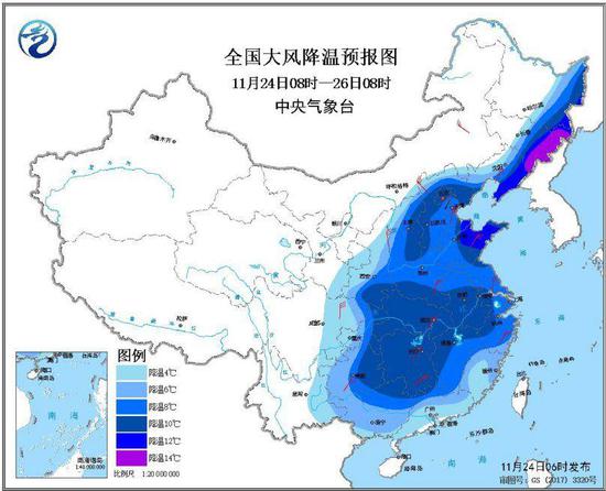 图1全国大风降温预报图（11月24日08时-26日08时）