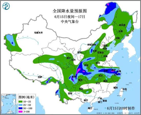 全国降水量预报图 来源：中央气象台