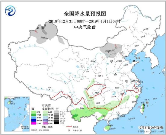 全国降水量预报图（12月31日08时-1月1日08时）