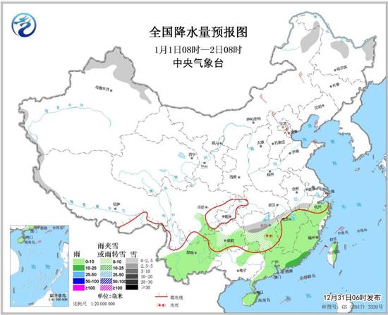 全国降水量预报图（1月1日08时-年1月2日08时）