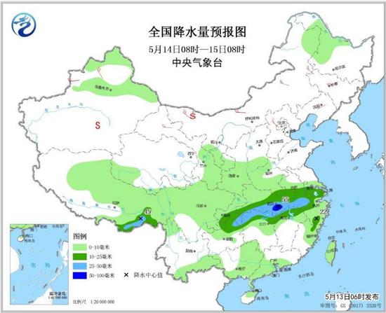 图2 全国降水量预报图（5月14日08时-15日08时）