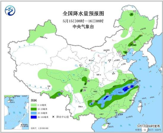 图3 全国降水量预报图（5月15日08时-16日08时）