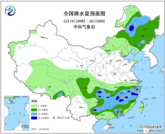 图4 全国降水量预报图(5月19日08时-20日08时)
