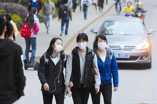图为街头的姑娘们戴着口罩遮挡被风吹落的梧桐絮。