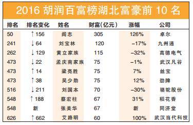 2016胡润百富榜湖北富豪