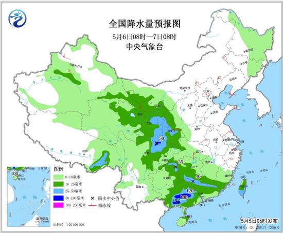 图3 全国降水量预报图（5月6日08时-7日08时）