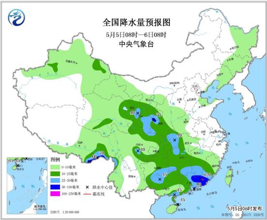 图2 全国降水量预报图(5月5日08时-6日08时)