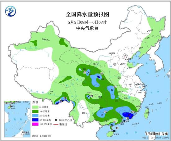 图2 全国降水量预报图（5月5日08时-6日08时）