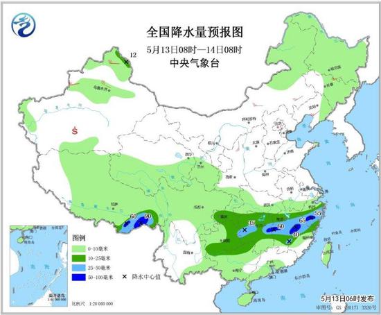 图1 全国降水量预报图（5月13日08时-14日08时）