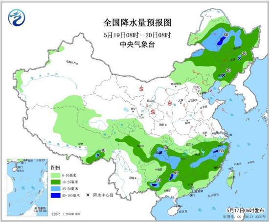 图3 全国降水量预报图（5月19日08时-20日08时）