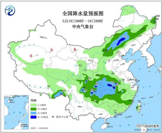 图2 全国降水量预报图（5月18日08时-19日08时）