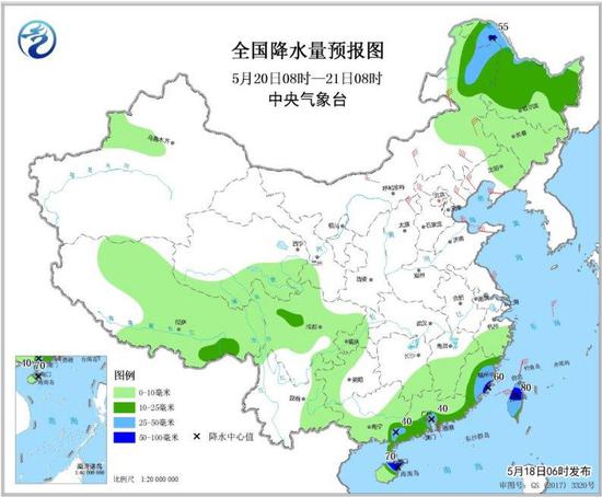 图5 全国降水量预报图(5月20日08时-21日08时)