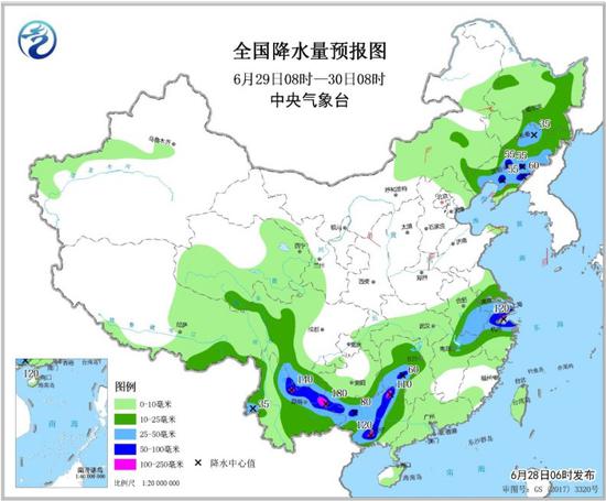 图3 全国降水量预报图（6月29日08时-30日08时）