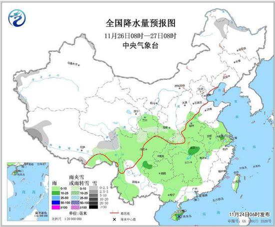 图4 全国降水量预报图（11月26日08时-27日08时）