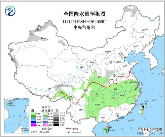 图3 全国降水量预报图（11月25日08时-26日08时）