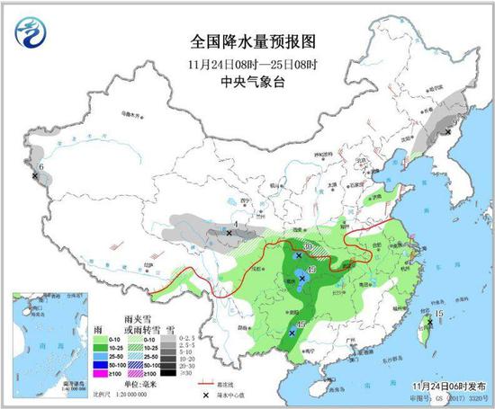 图2 全国降水量预报图（11月24日08时-25日08时）