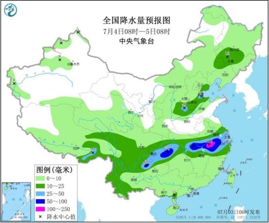 全国降水量预报图（7月4日08时-5日08时）