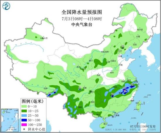 全国降水量预报图（7月3日08时-4日08时）