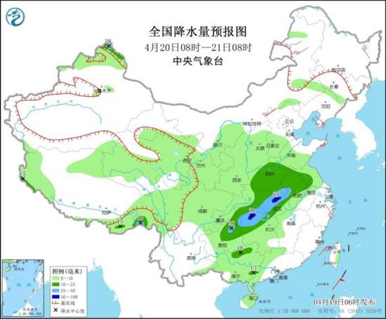 图2 全国降水量预报图（4月20日08时-21日08时）