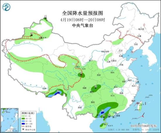 图1 全国降水量预报图（4月19日08时-20日08时）