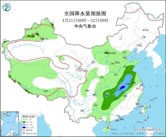 图3 全国降水量预报图（4月21日08时-22日08时）