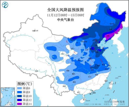 图1全国大风降温预报图（11月12日08时-15日08时）