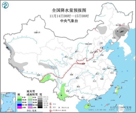 图4 全国降水量预报图（11月14日08时-15日08时）