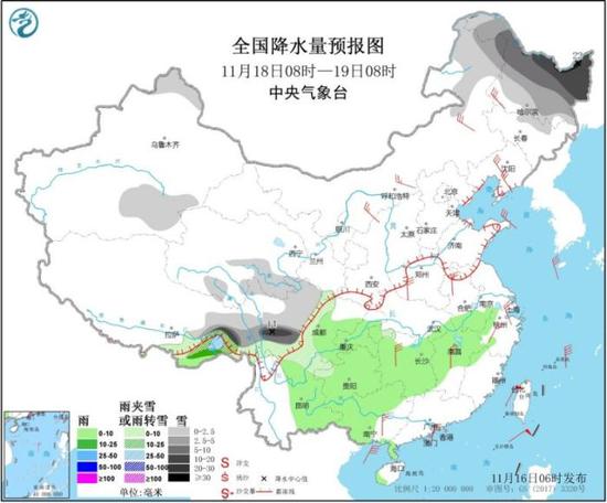 全国降水量预报图（11月18日8时-19日8时）