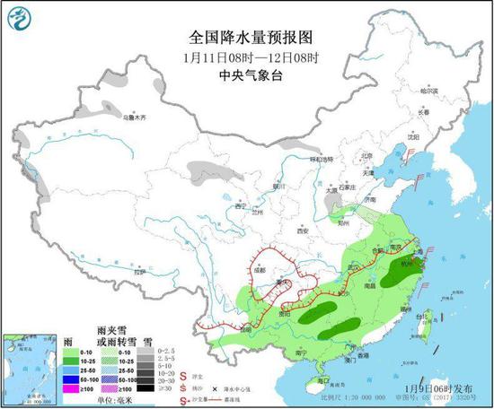 图3 全国降水量预报图（1月11日08时-12日08时）