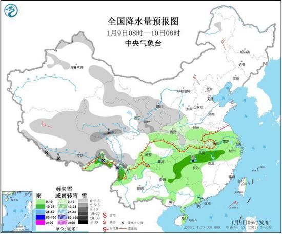 图1 全国降水量预报图（1月9日08时-10日08时）