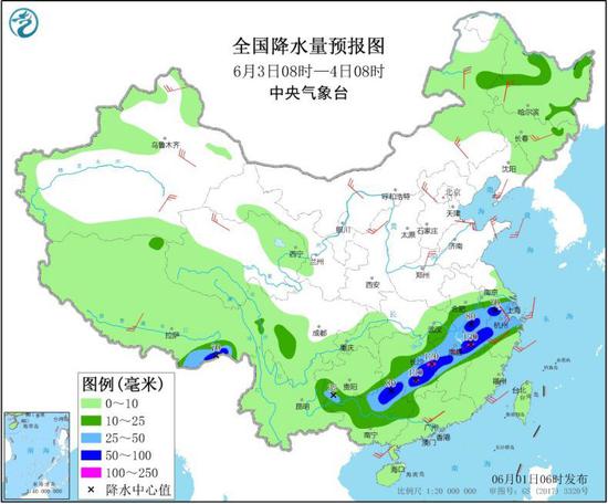 图3 全国降水量预报图（6月3日08时-4日08时）