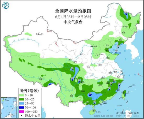 图1 全国降水量预报图（6月1日08时-2日08时）