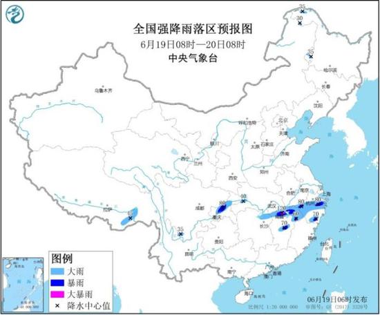 全国强降雨落区预报图（6月19日8时-20日8时）