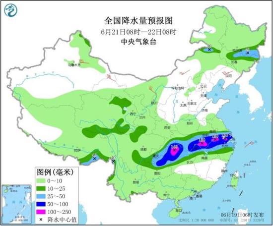 全国降水量预报图（6月21日8时-22日8时）