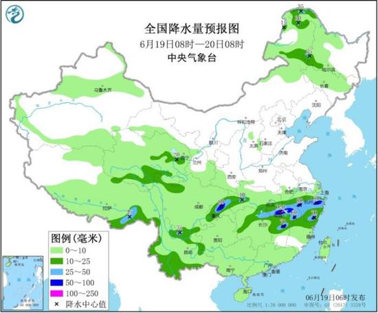 全国降水量预报图（6月19日8时-20日8时）