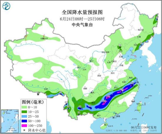 图4 全国降水量预报图（6月24日08时-25日08时） 图片来源：中央气象台