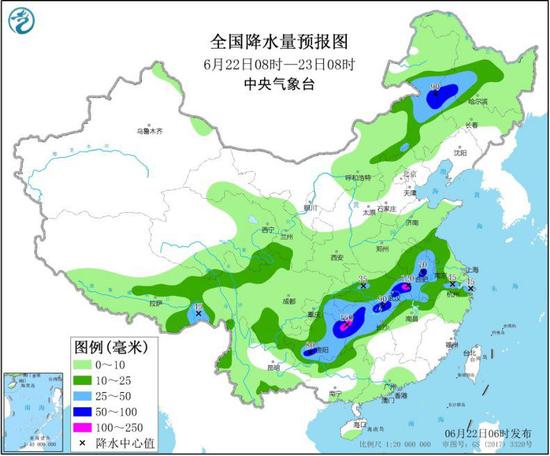 图2 全国降水量预报图（6月22日08时-23日08时） 图片来源：中央气象台