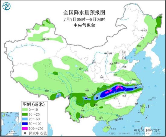 图3 全国降水量预报图（7月7日08时-8日08时）