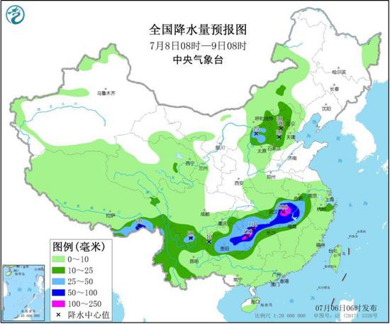 图4 全国降水量预报图（7月8日08时-9日08时）