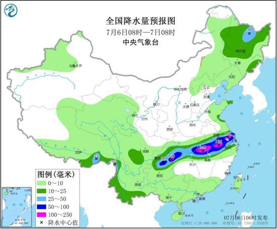 图2 全国降水量预报图（7月6日08时-7日08时）