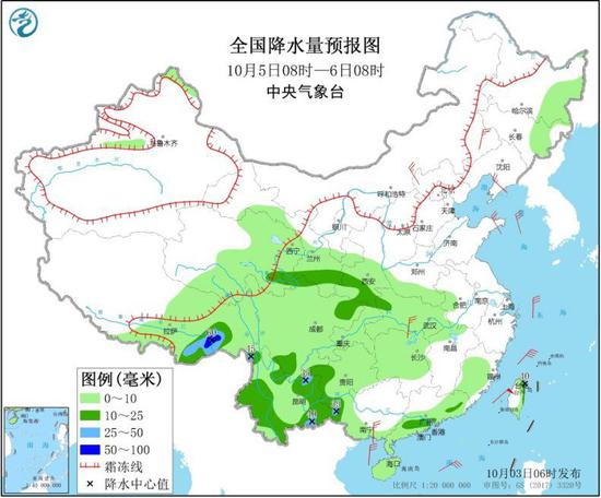 图4 全国降水量预报图（10月5日08时-6日08时）