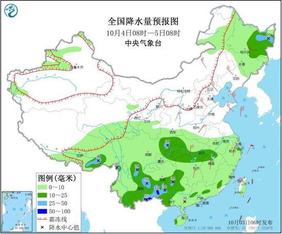 图3 全国降水量预报图（10月4日08时-5日08时）