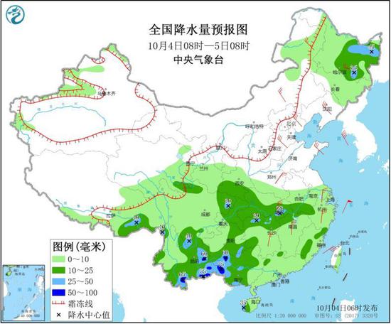 图2 全国降水量预报图(10月4日08时-5日08时)