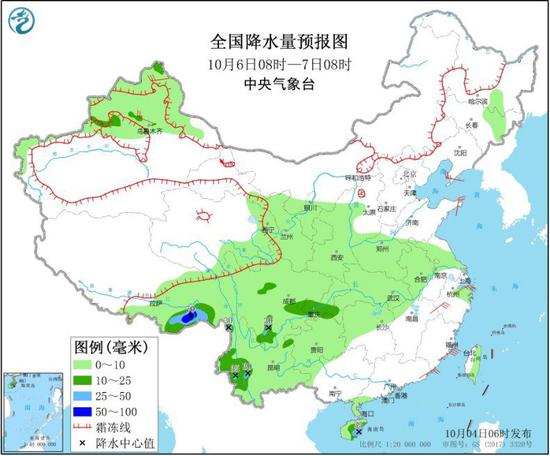 图4 全国降水量预报图(10月6日08时-7日08时)